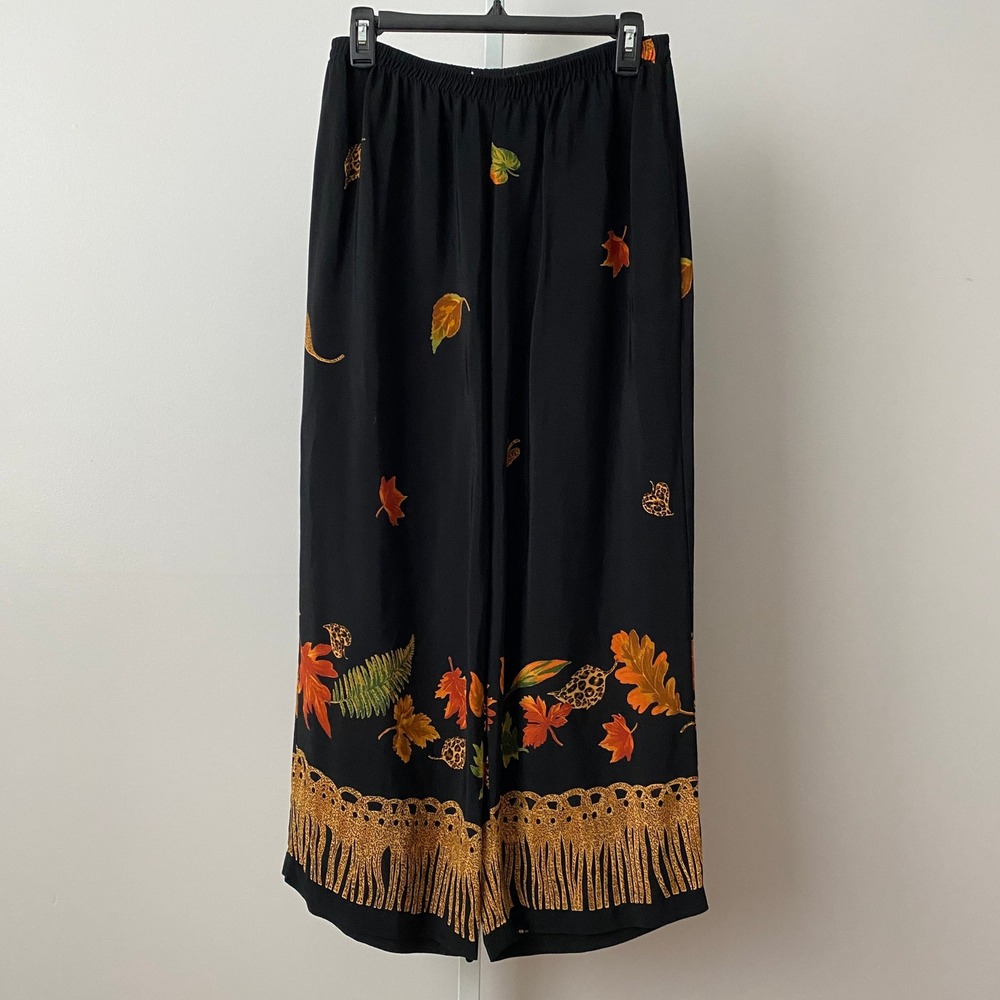 VTG Boho Earth Colors Autumn Leaf Print Fringe Hem Wide Leg Pants L Black